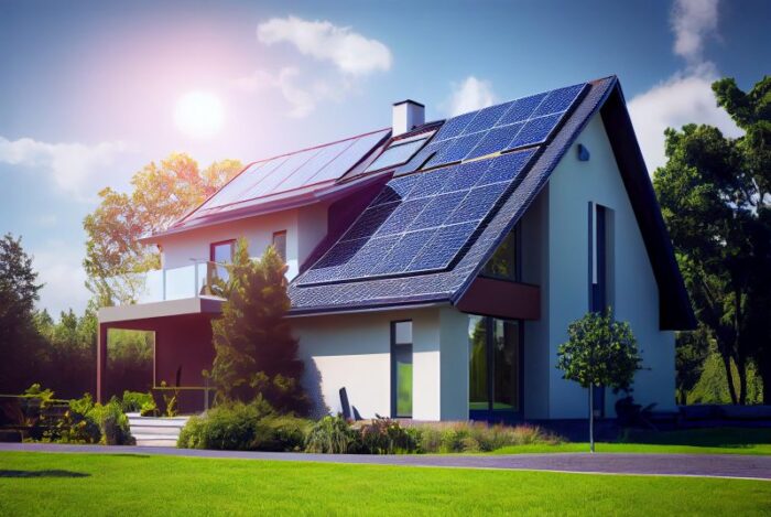 Nachhaltiges Haus mit Solarpanels auf dem Dach